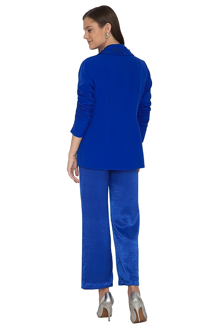 Electric Blue Crepe & Satin Sequins Embroidered Jacket Set by Eshaani Jayaswal at Pernia's Pop Up Shop