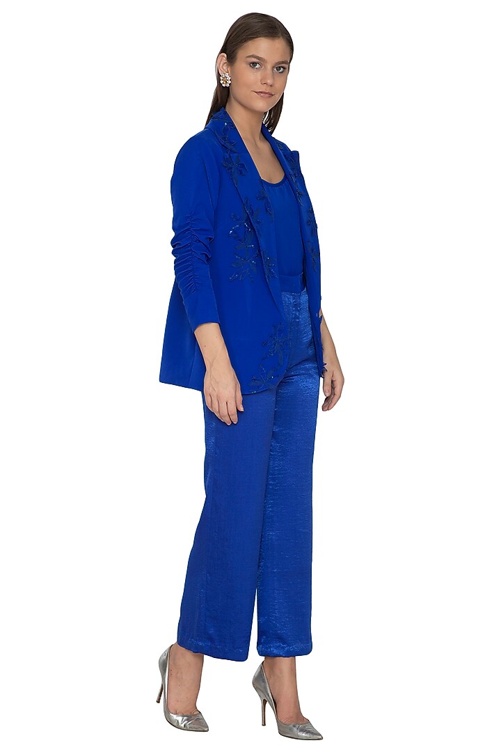Electric Blue Crepe & Satin Sequins Embroidered Jacket Set by Eshaani Jayaswal at Pernia's Pop Up Shop