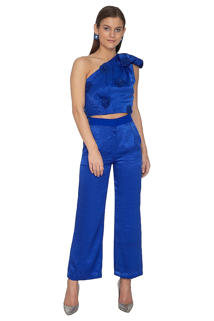 Electric Blue Embroidered Crop Top by Eshaani Jayaswal