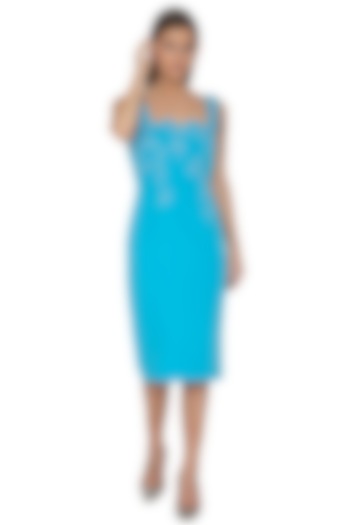 Azure Blue Embroidered Scalloped Neck Dress by Eshaani Jayaswal at Pernia's Pop Up Shop