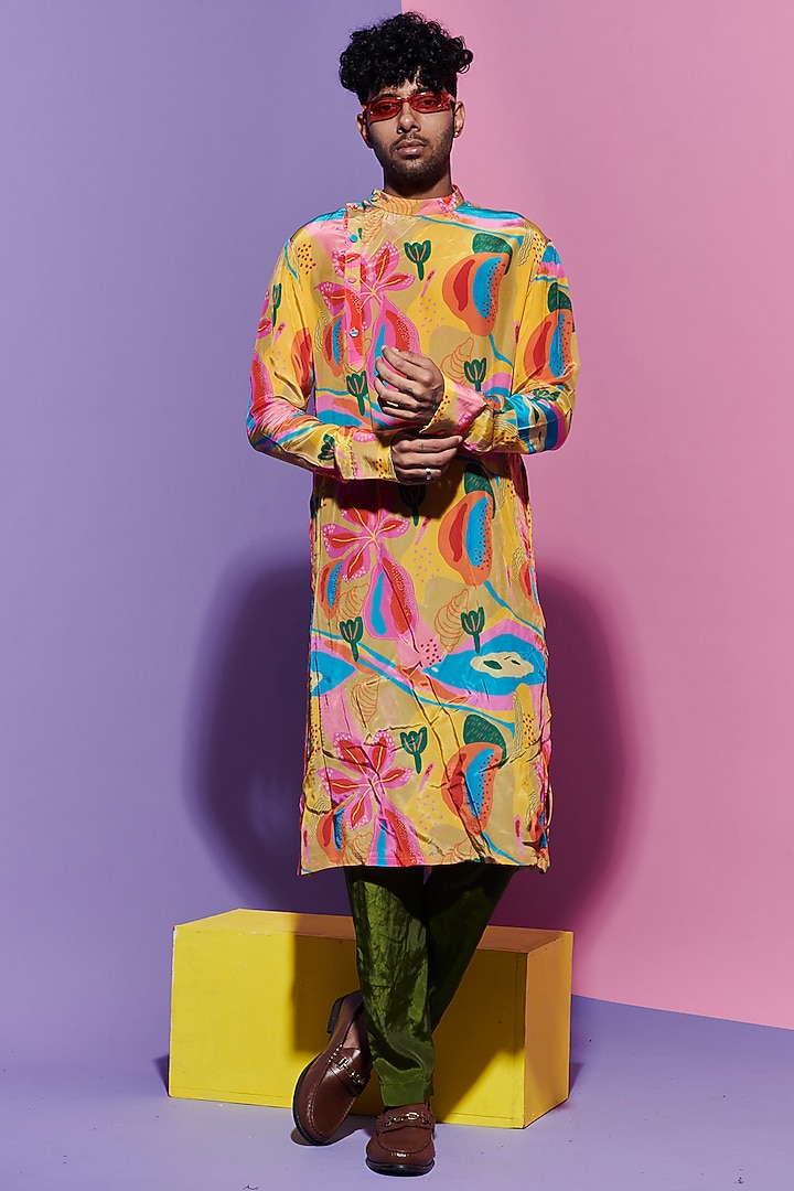 Multi-Colored Soft Vegan Viscose Crepe Printed Kurta by Esha L Amin Men at Pernia's Pop Up Shop
