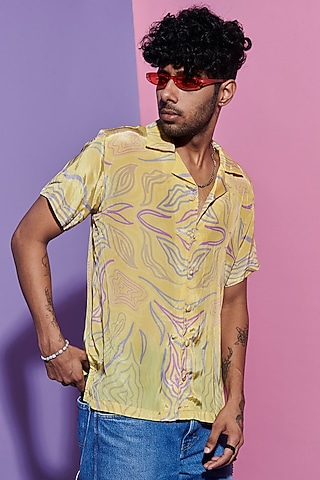 Lime Viscose Crepe Printed Shirt by Esha L Amin Men
