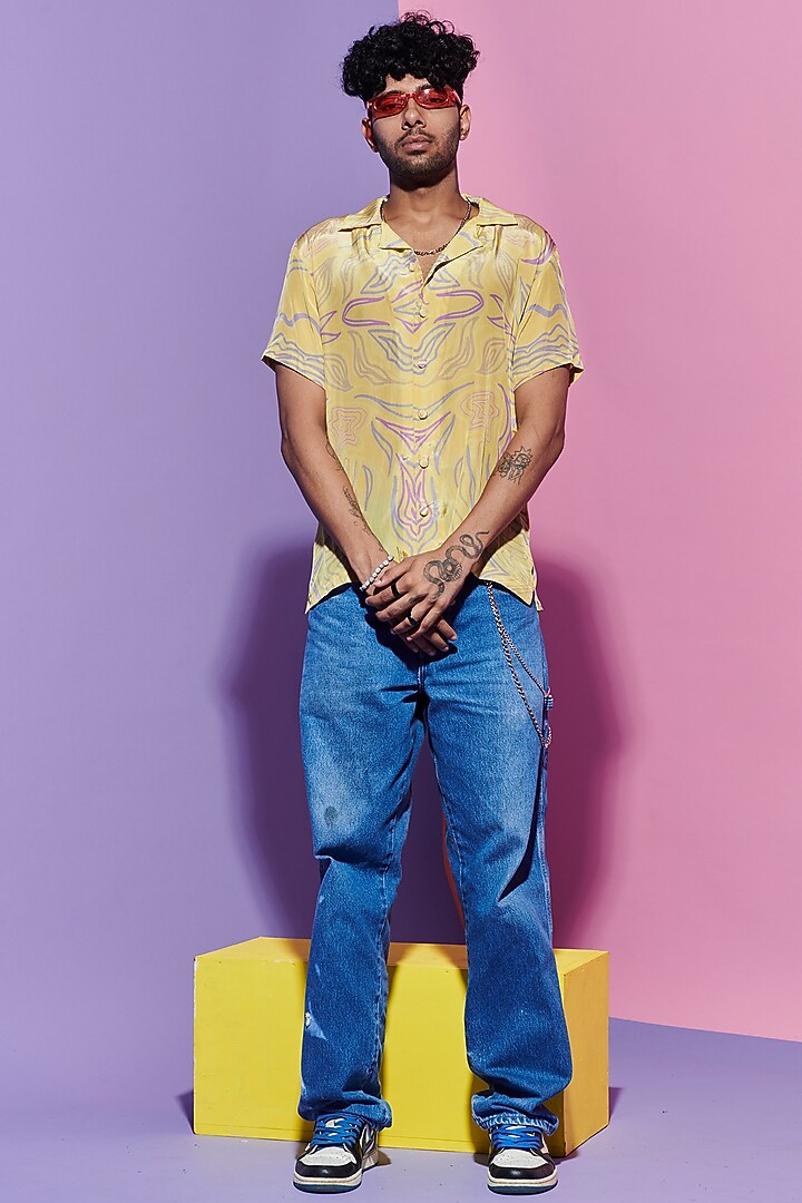 Lime Viscose Crepe Printed Party Wear Shirt by Esha L Amin Men at Pernia's Pop Up Shop
