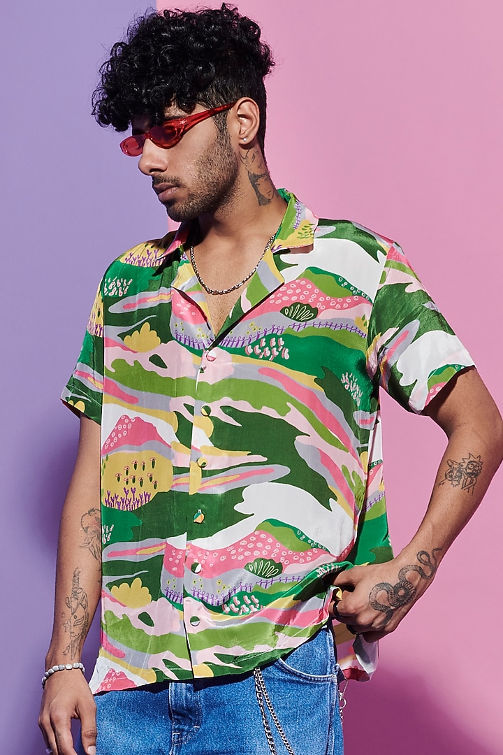 Multi-Colored Viscose Crepe Printed Party Wear Shirt by Esha L Amin Men at Pernia's Pop Up Shop