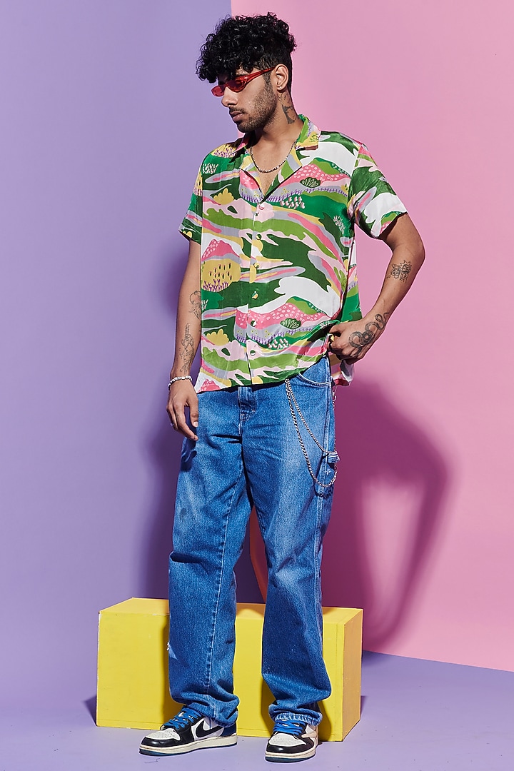 Multi-Colored Viscose Crepe Printed Party Wear Shirt by Esha L Amin Men at Pernia's Pop Up Shop