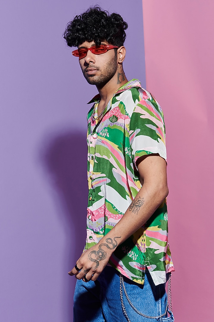 Multi-Colored Viscose Crepe Printed Party Wear Shirt by Esha L Amin Men at Pernia's Pop Up Shop