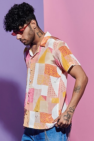 Multi-Colored Viscose Crepe Geometric Printed Shirt by Esha L Amin Men