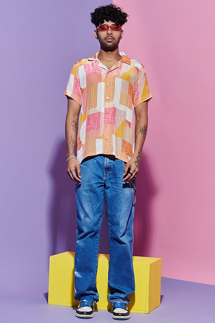 Multi-Colored Viscose Crepe Geometric Printed Party Wear Shirt by Esha L Amin Men at Pernia's Pop Up Shop