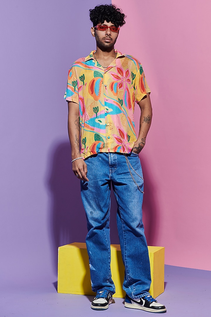 Multi-Colored Viscose Crepe Printed Party Wear Shirt by Esha L Amin Men at Pernia's Pop Up Shop