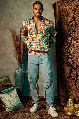 Multi-Coloured Viscose Crepe Bomber Jacket by Esha L Amin Men