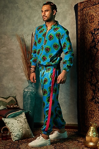 Blue Viscose Crepe Bomber Jacket by Esha L Amin Men