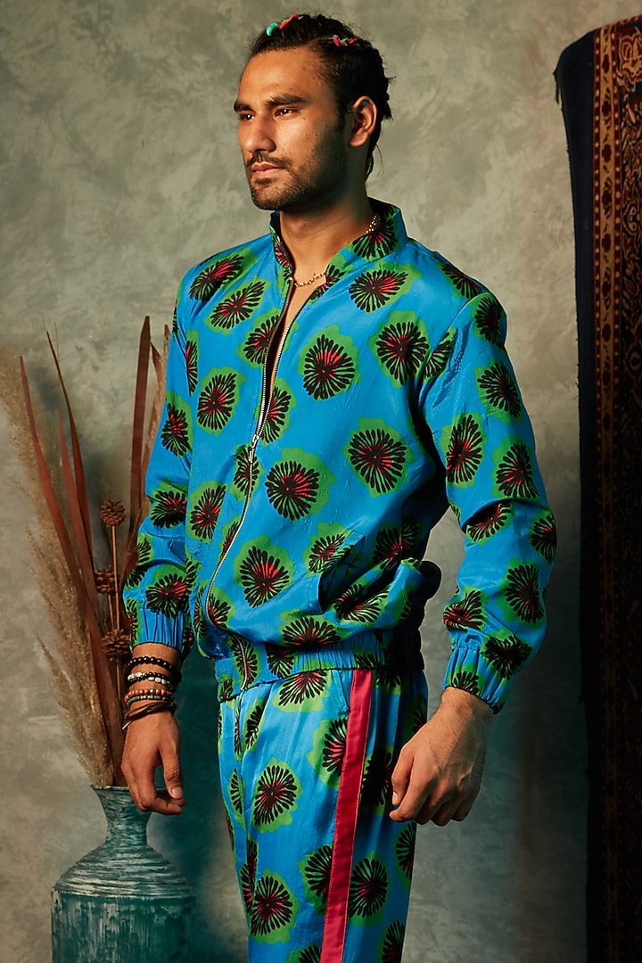 Blue Viscose Crepe Bomber Jacket by Esha L Amin Men at Pernia's Pop Up Shop