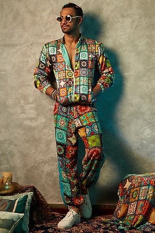 Multi-Coloured Viscose Crepe Bomber Jacket by Esha L Amin Men