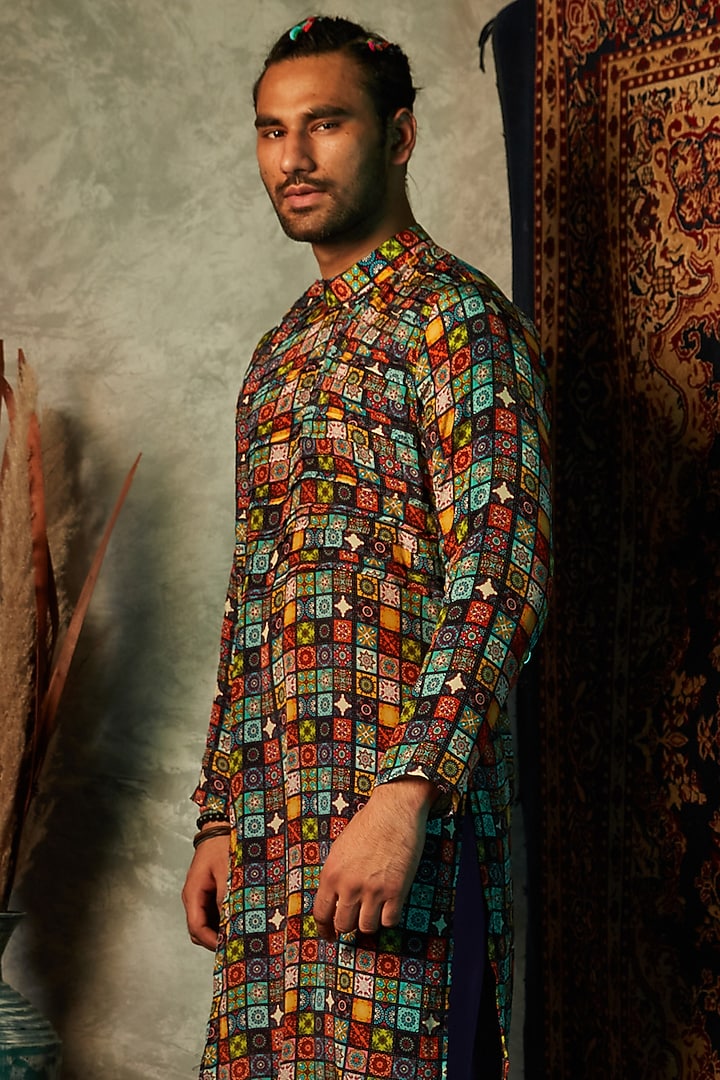 Multi-Colored Viscose Crepe Pintuck Cowl Kurta by Esha L Amin Men at Pernia's Pop Up Shop