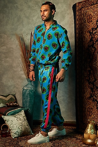 Blue Modal Satin Joggers by Esha L Amin Men