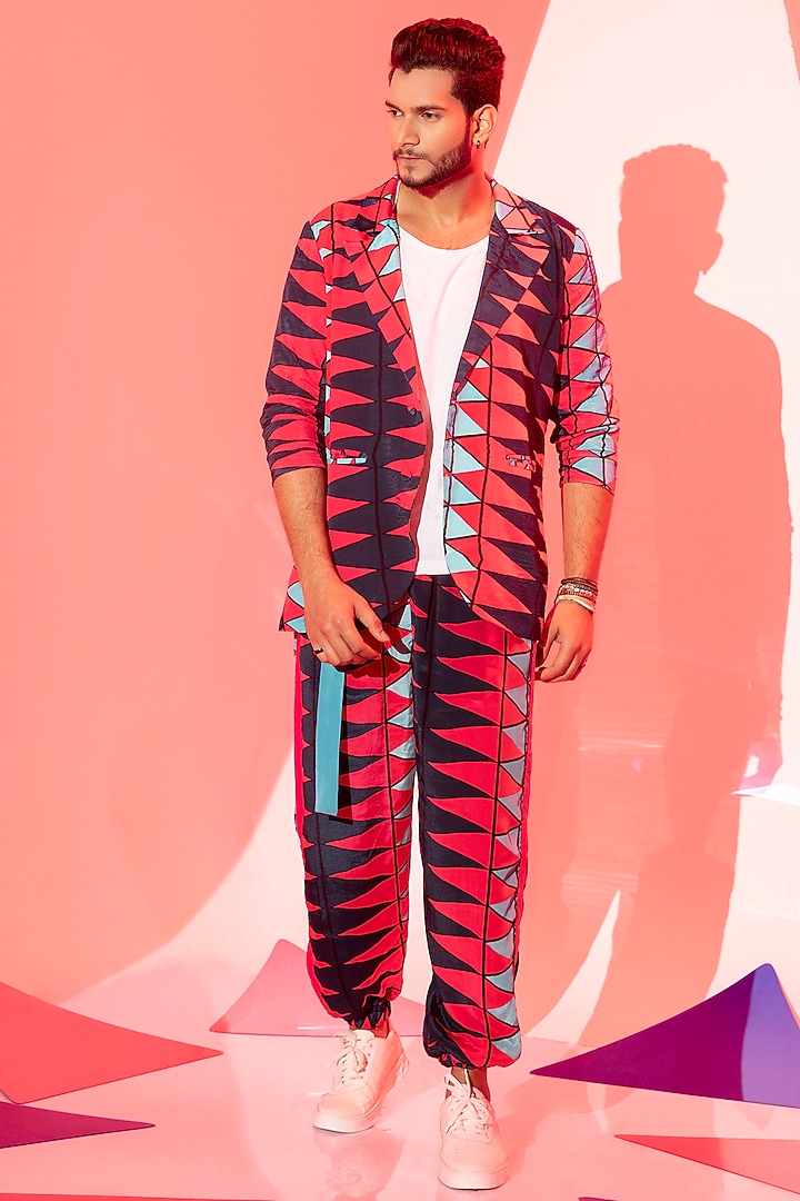 Multi-Colored Modal Satin & Viscose Crepe Blazer by Esha L Amin Men at Pernia's Pop Up Shop
