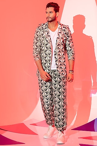Multi-Colored Modal Satin & Viscose Crepe Printed Blazer by Esha L Amin Men