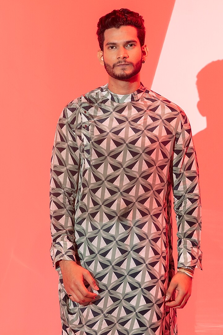Multi-Colored Modal Satin & Viscose Crepe Printed Cowl Kurta by Esha L Amin Men at Pernia's Pop Up Shop