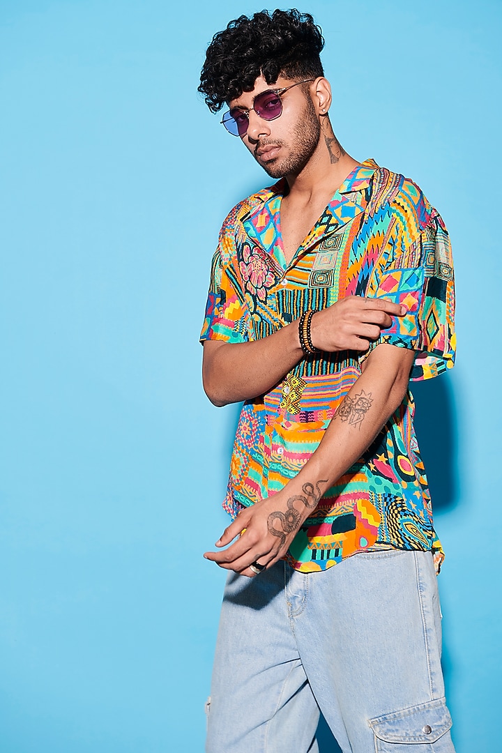 Multi-Colored Viscose Crepe Printed Shirt by Esha L Amin Men at Pernia's Pop Up Shop