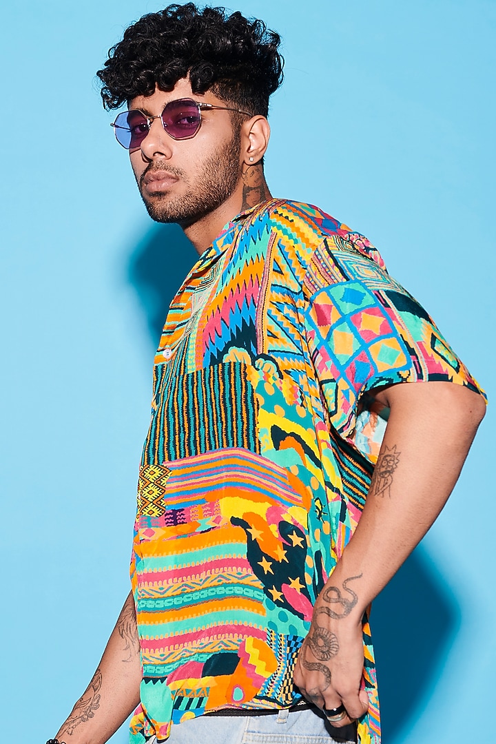 Multi-Colored Viscose Crepe Printed Party Wear Shirt by Esha L Amin Men at Pernia's Pop Up Shop