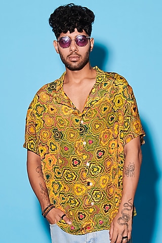 Yellow Viscose Crepe Printed Shirt by Esha L Amin Men