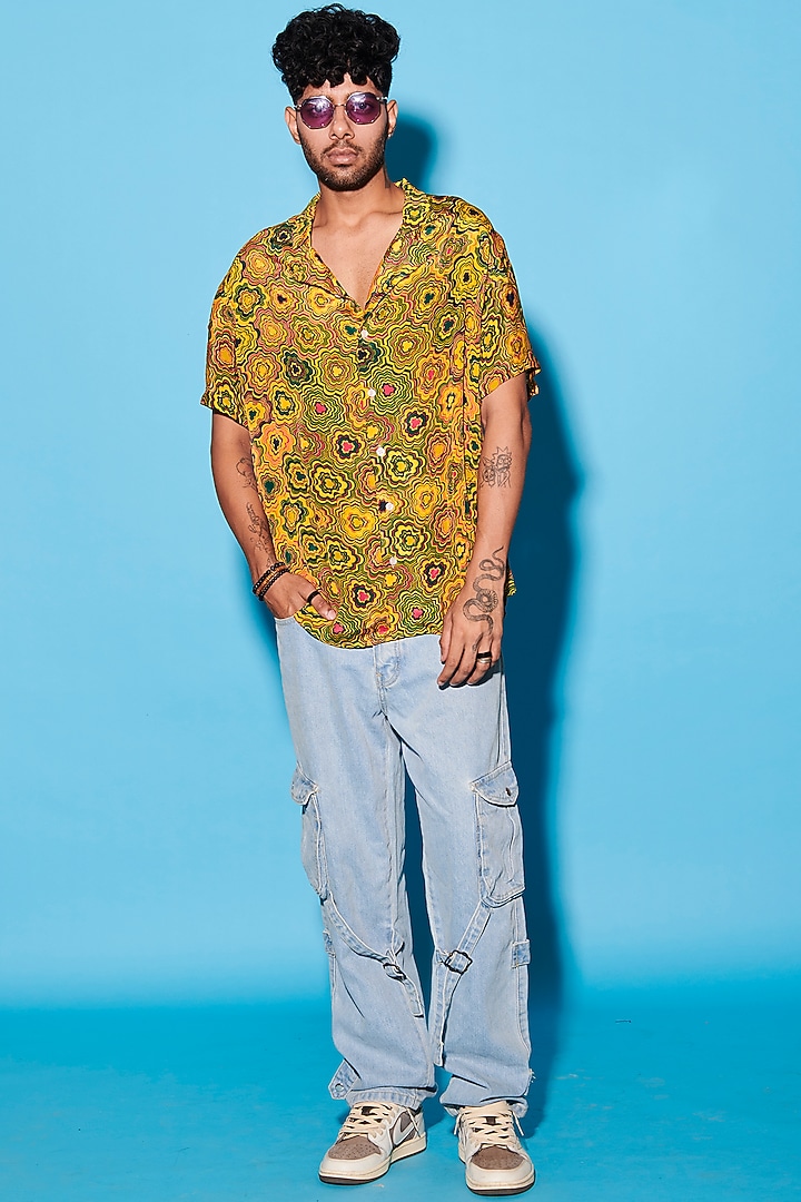 Yellow Viscose Crepe Printed Party Wear Shirt by Esha L Amin Men at Pernia's Pop Up Shop