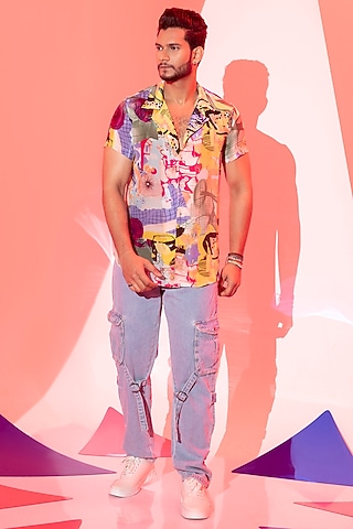 Multi-Colored Modal Satin & Viscose Crepe Printed Shirt by Esha L Amin Men