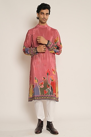 Pink Viscose Crepe Kurta by Esha L Amin Men