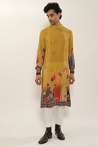 Yellow Viscose Crepe Kurta by Esha L Amin Men
