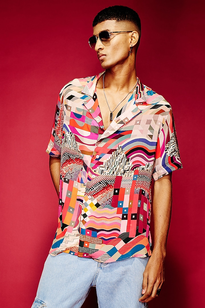 Multi-Colored Viscose Printed Shirt by Esha L Amin Men