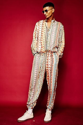Multi-Colored Viscose Printed Bomber Jacket by Esha L Amin Men