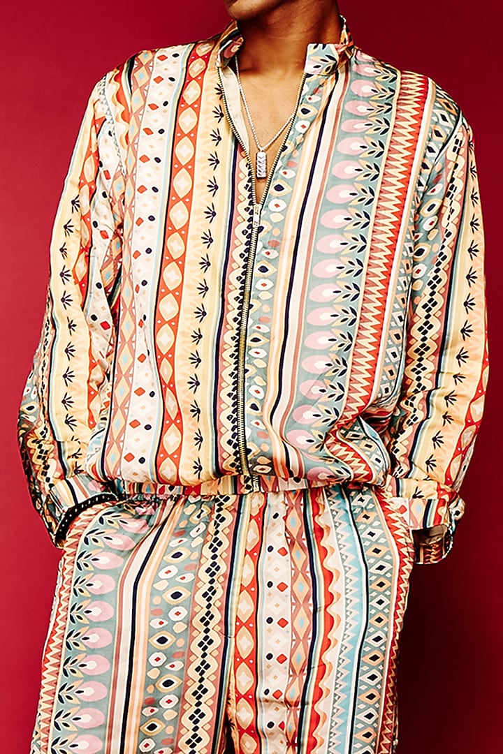 Multi-Colored Viscose Printed Bomber Jacket by Esha L Amin Men at Pernia's Pop Up Shop