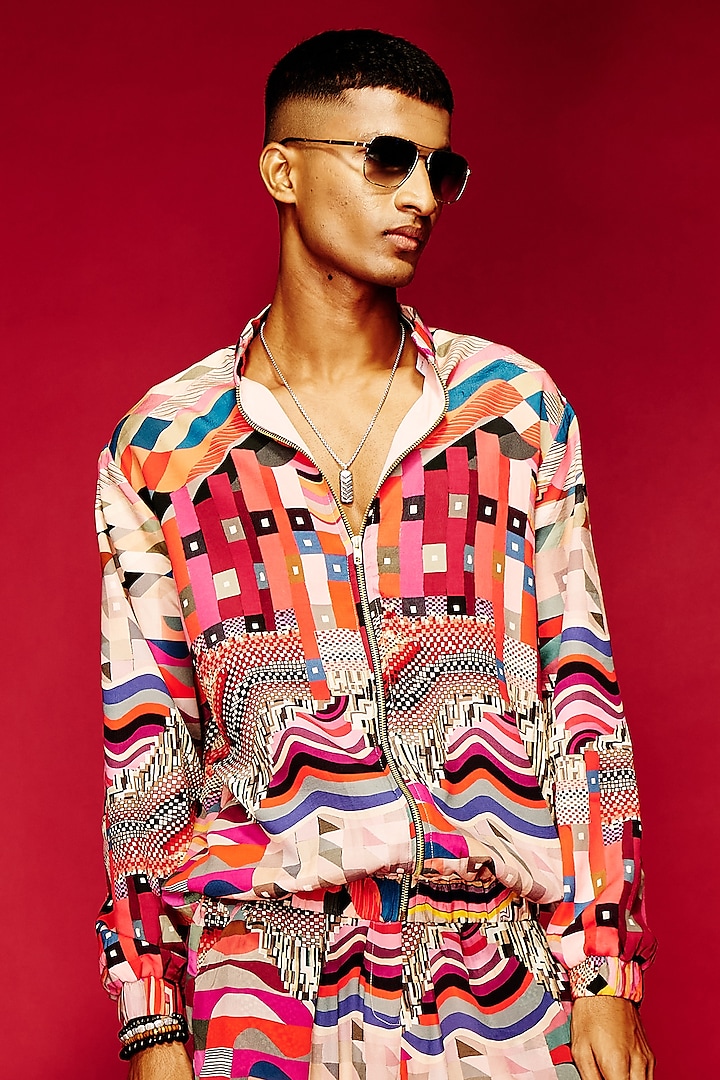 Multi-Colored Viscose Folk Bomber Jacket by Esha L Amin Men at Pernia's Pop Up Shop