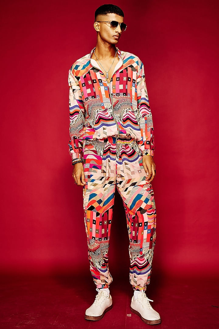 Multi-Colored Viscose Folk Bomber Jacket by Esha L Amin Men at Pernia's Pop Up Shop