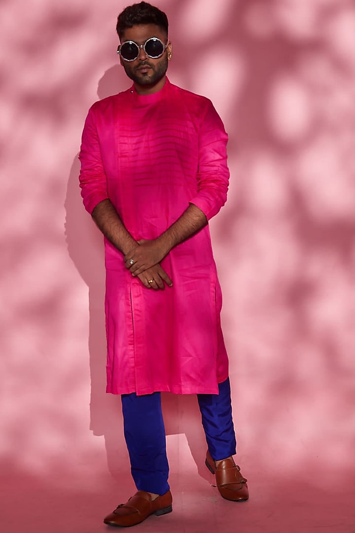 Pink Cotton Satin Kurta by Esha L Amin Men