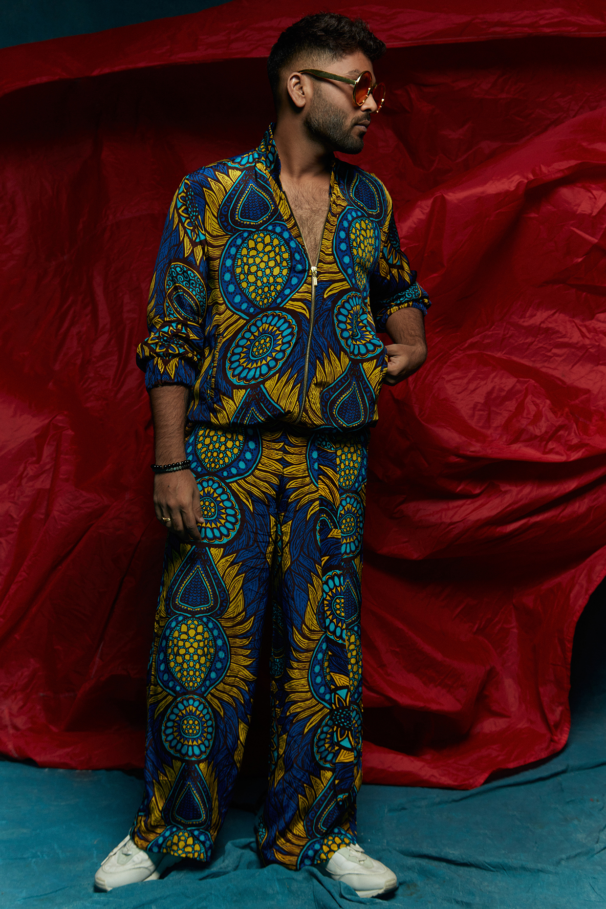 Blue Printed Bomber Pants by Esha L Amin Men at Pernia's Pop Up Shop