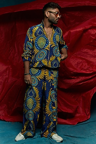 Blue Printed Bomber Pants by Esha L Amin Men