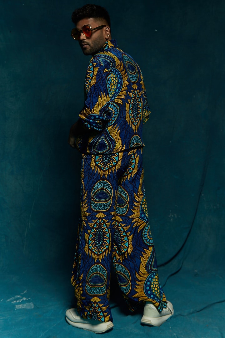 Blue Printed Bomber Pants by Esha L Amin Men at Pernia's Pop Up Shop