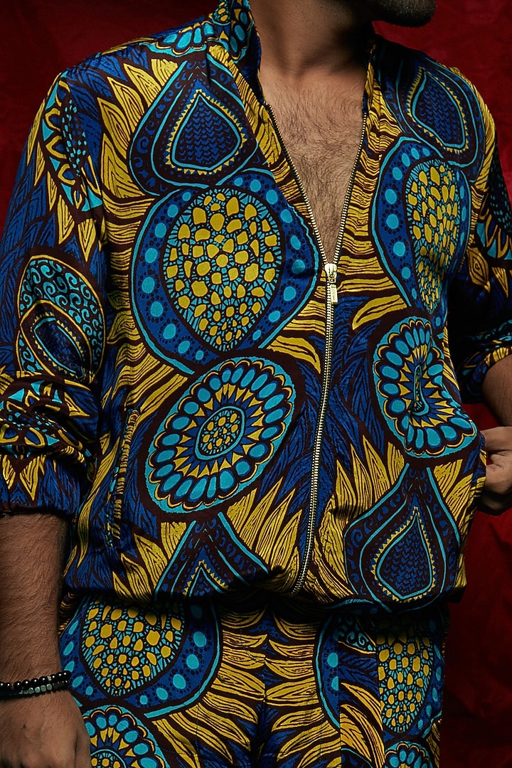 Blue Printed Bomber Pants by Esha L Amin Men at Pernia's Pop Up Shop