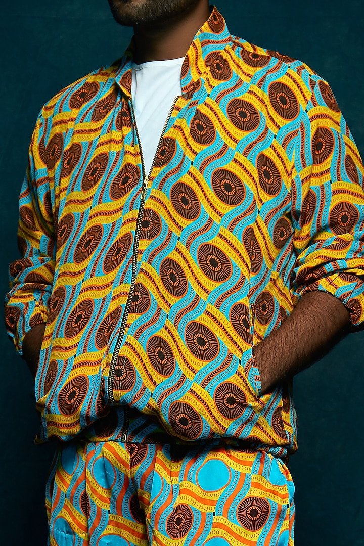 Turquoise Printed Bomber Jacket by Esha L Amin Men at Pernia's Pop Up Shop