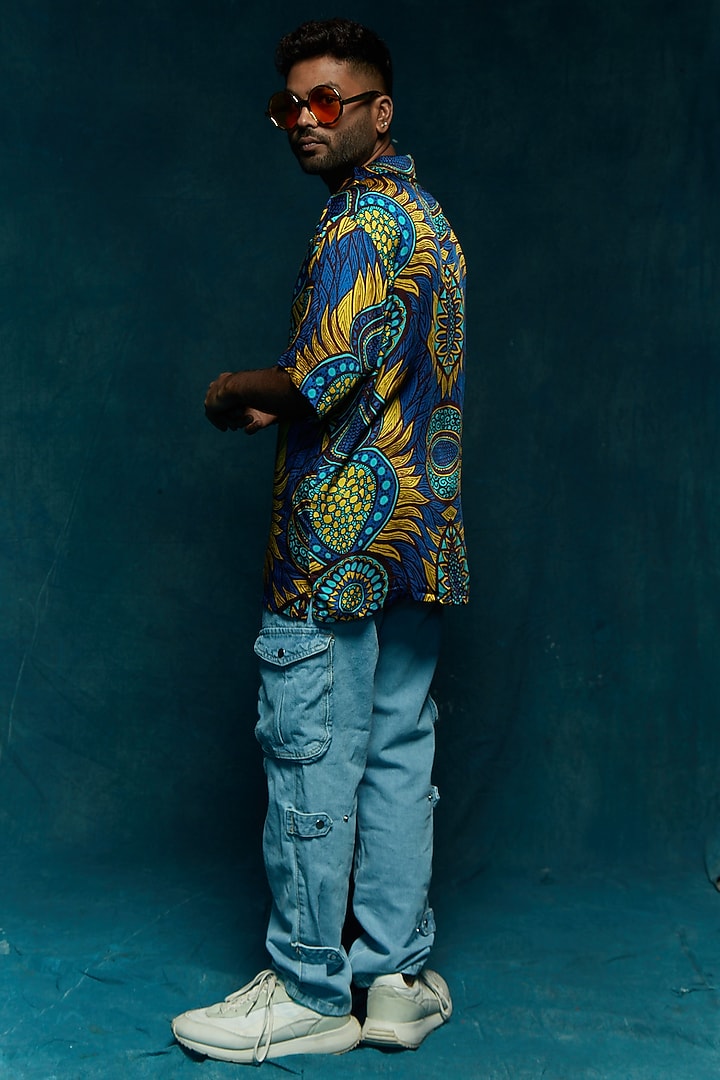 Blue Modal Printed Party Wear Shirt by Esha L Amin Men at Pernia's Pop Up Shop