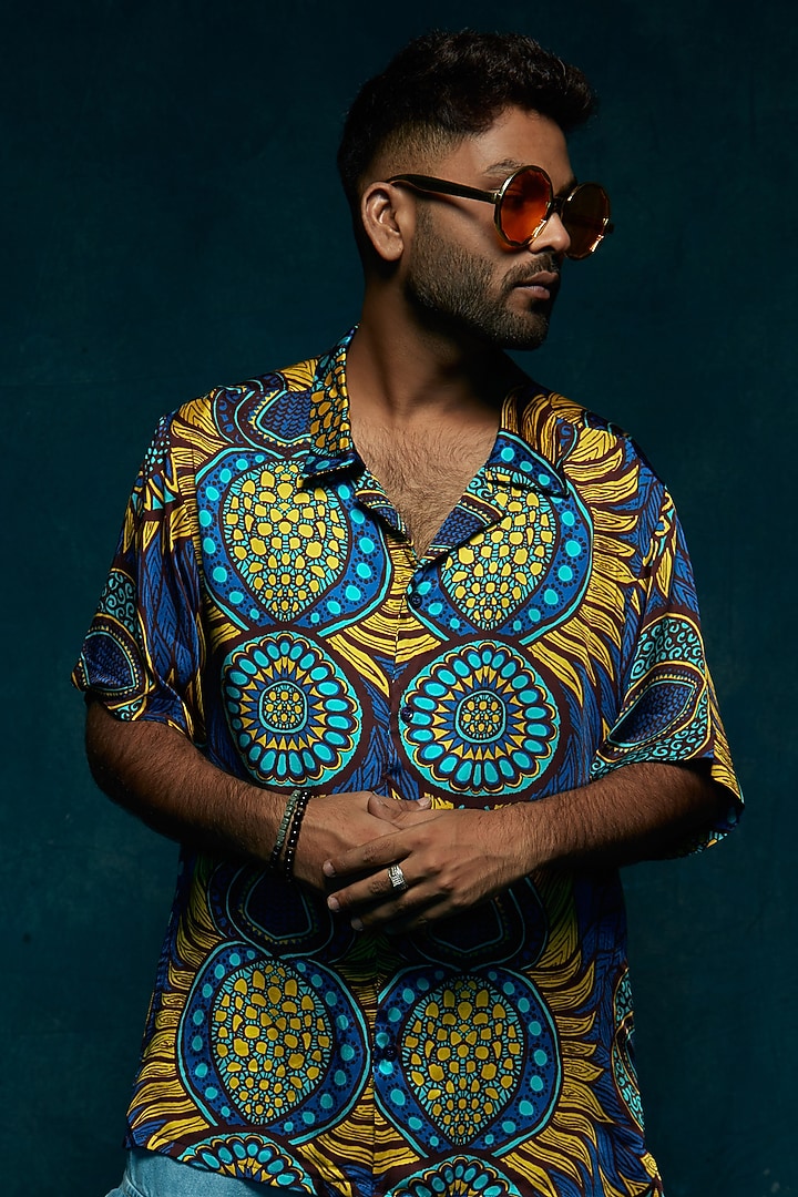 Blue Modal Printed Party Wear Shirt by Esha L Amin Men at Pernia's Pop Up Shop