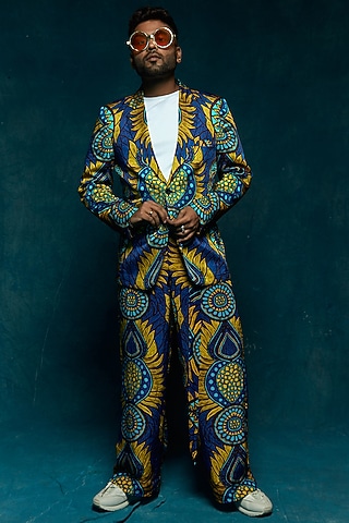 Blue Printed Blazer by Esha L Amin Men