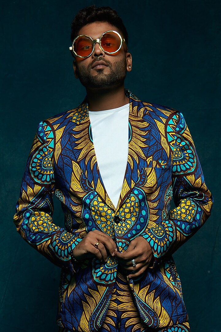 Blue Printed Blazer by Esha L Amin Men at Pernia's Pop Up Shop