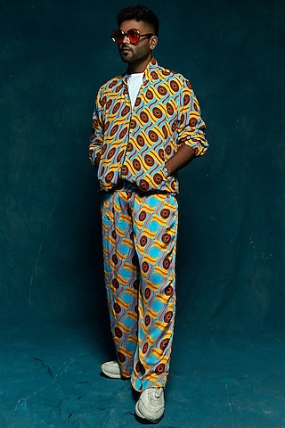 Turquoise Printed Pants by Esha L Amin Men