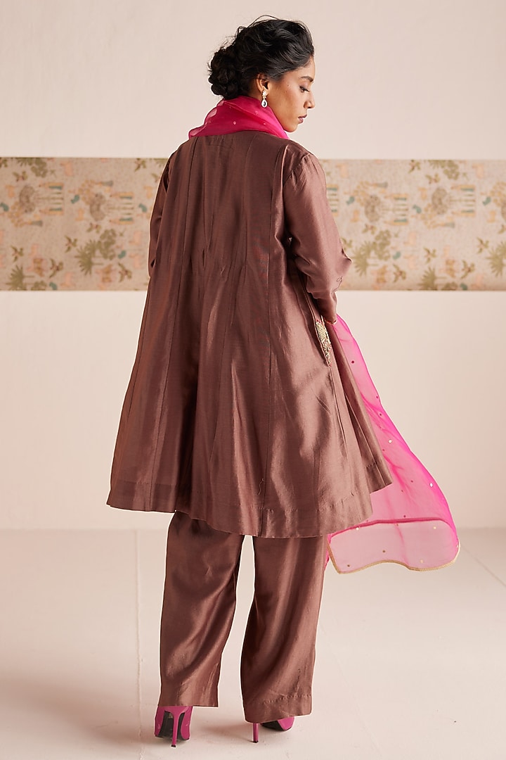 Brown Chanderi Silk Hand Embroidered Wedding Anarkali Set by Esha Arora at Pernia's Pop Up Shop
