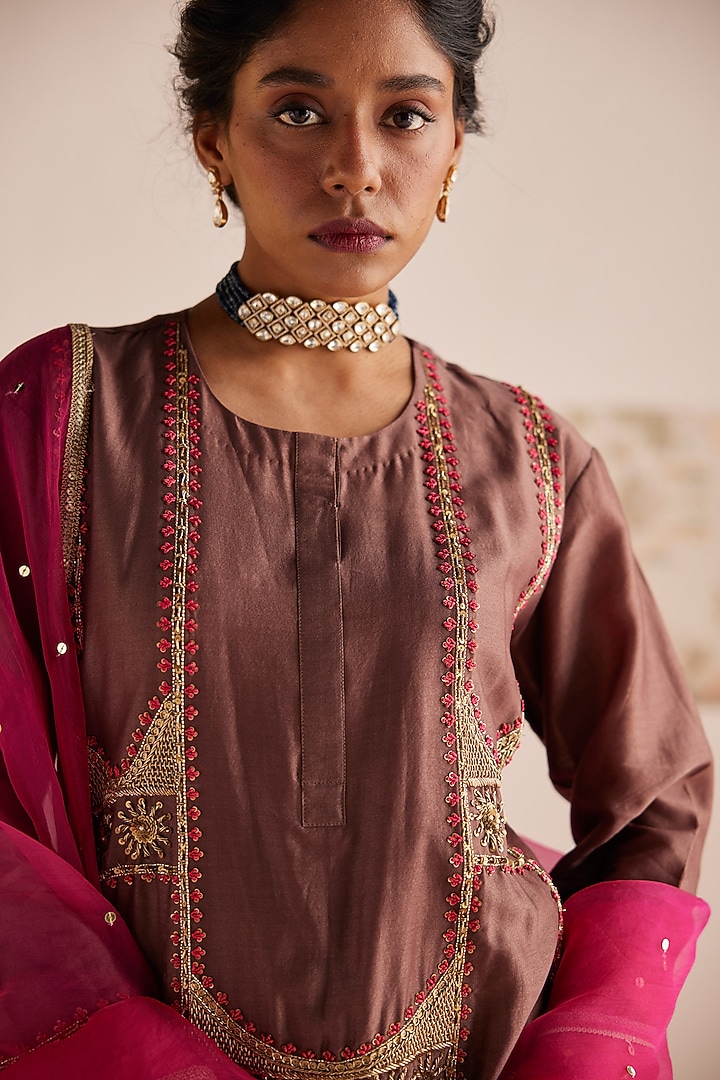 Brown Chanderi Silk Hand Embroidered Wedding Anarkali Set by Esha Arora at Pernia's Pop Up Shop