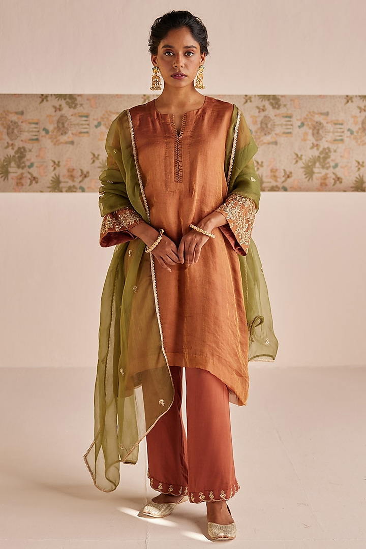 Bronze Organza Tissue Zardosi Embroidered Kurta Set by Esha Arora at Pernia's Pop Up Shop