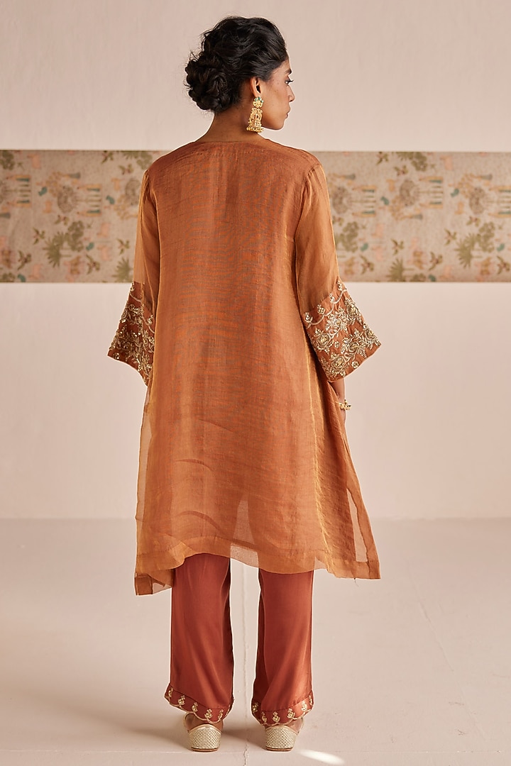 Bronze Organza Tissue Zardosi Embroidered Kurta Set by Esha Arora at Pernia's Pop Up Shop