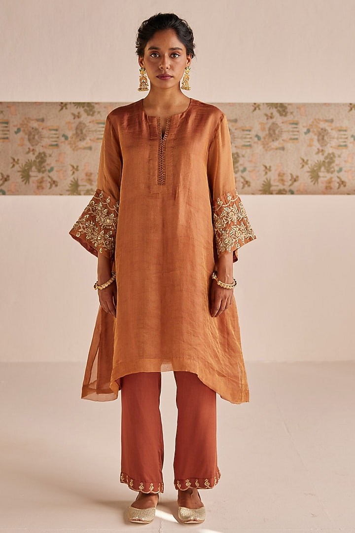 Bronze Organza Tissue Zardosi Embroidered Kurta Set by Esha Arora at Pernia's Pop Up Shop
